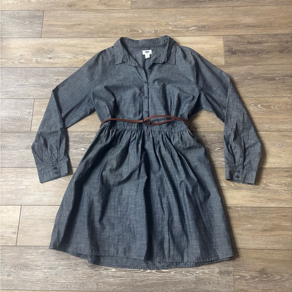 Old Navy Chambray Shirt Dress Sz XL Blue Denim Belted Cotton Preppy Fall Office